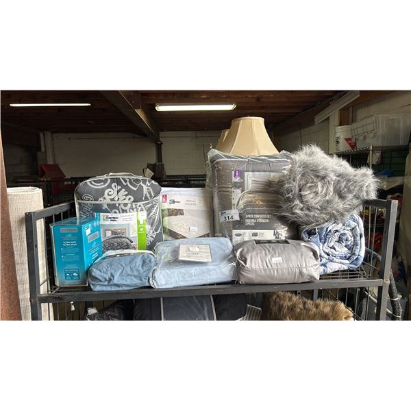 SHELF OF ASSORTED COMFORTER SETS, MATTRESS COVERS, SHEET SETS & THROW BLANKETS