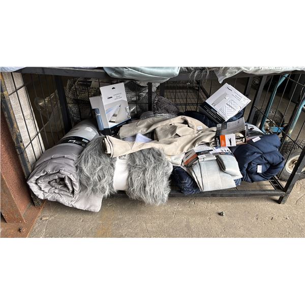 SHELF OF ASSORTED CURTAIN PANELS, THROW BLANKETS, COMFORTERS & MORE