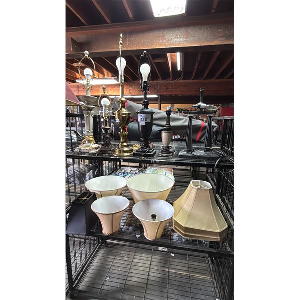2 SHELVES OF ASSORTED TABLE LAMPS & SHADES (NOT ALL LAMPS WILL HAVE A MATCHING SHADE)