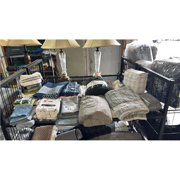 SHELF OF ASSORTED PILLOW CASES, SHEET SETS, CURTAIN PANELS & MORE
