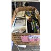 Image 2 : SHELF OF ASSTD. FRAMED ART, VINTAGE TEDDY BEAR, BOX OF ASSTD. OFFICE SUPPLIES, TIN OF BUTTONS & MORE