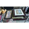 Image 4 : SHELF OF ASSTD. FRAMED ART, VINTAGE TEDDY BEAR, BOX OF ASSTD. OFFICE SUPPLIES, TIN OF BUTTONS & MORE