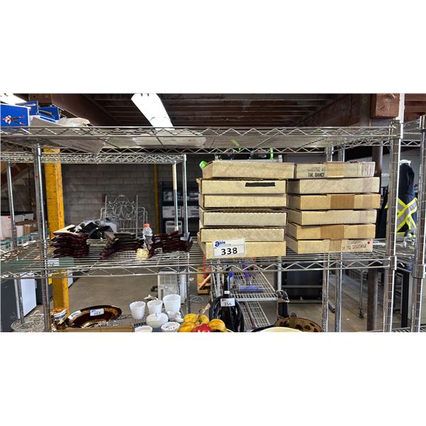 SHELF OF ASSORTED COLLECTOR PLATES & WOOD PLATE STANDS