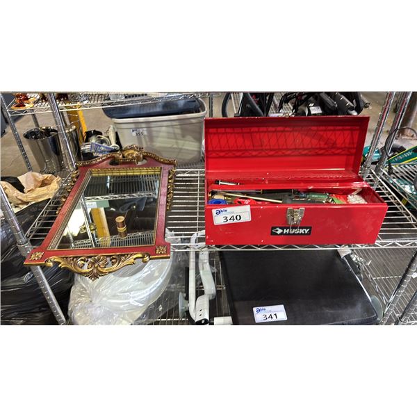 HUSKY RED METAL TOOLBOX & CONENTS & VINTAGE FRAMED WALL MIRROR