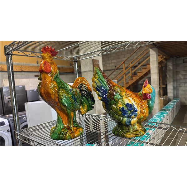 VINTAGE GLAZED CERAMIC ROOSTER & HEN *MINOR CHIPS ON THE WINGS & TAIL FEATHERS*