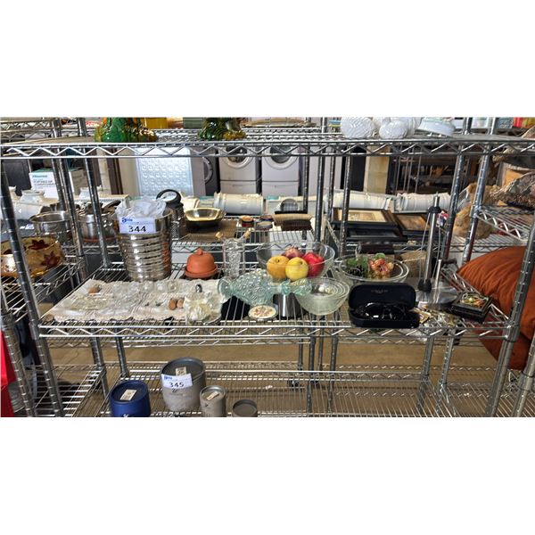SHELF OF GLASS BOWLS, ICE BUCKET, WINE STOPPERS, FAUX FRUIT, SMALL SALT & PEPPER SHAKERS & MORE