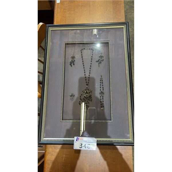 BOX FRAMED JEWELRY SET: INCLUDES NECKLACE, EARRINGS, BRACELET & RINGS