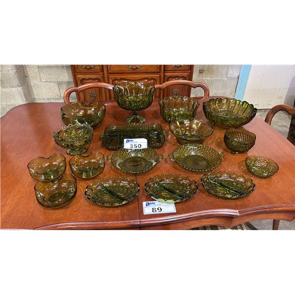 COLLECTION OF VINTAGE GREEN GLASSWARE: PEDESTAL BOWLS, COMPOTES, DESSERT BOWLS & MORE
