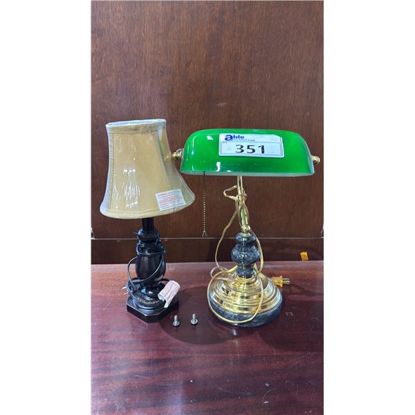 BANKERS LAMPS WITH GREEN GLASS SHADE AND SMALL TABLE LAMP WITH SHADE