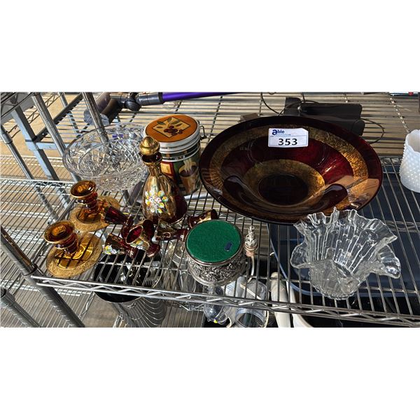 VNTG. GILT RUBY GLASS CENTERPIECE BOWL, ENAMELED RUBY GLASS DECANTER SET, WINE BOTTLE COASTER & MORE