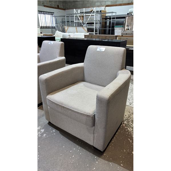 GREY UPHOLSTERED ARM CHAIR *NEEDS CLEANING*
