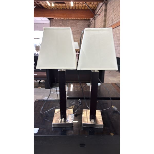 PAIR OF CONTEMPORARY TABLE LAMPS WITH SHADES & POWER OUTLETS IN THE BASE