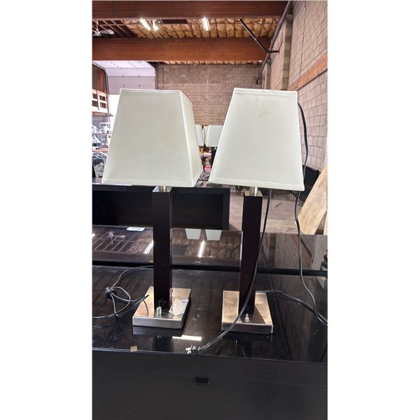 PAIR OF CONTEMPORARY TABLE LAMPS WITH SHADES & POWER OUTLETS IN THE BASE