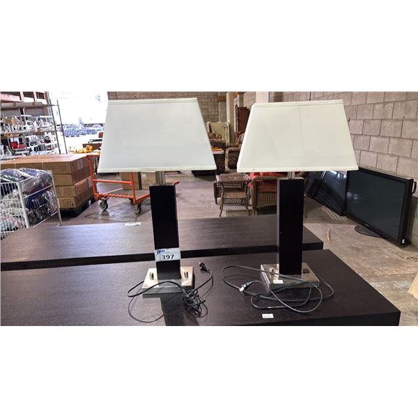PAIR OF CONTEMPORARY TABLE LAMPS WITH SHADES & POWER OUTLETS IN THE BASE