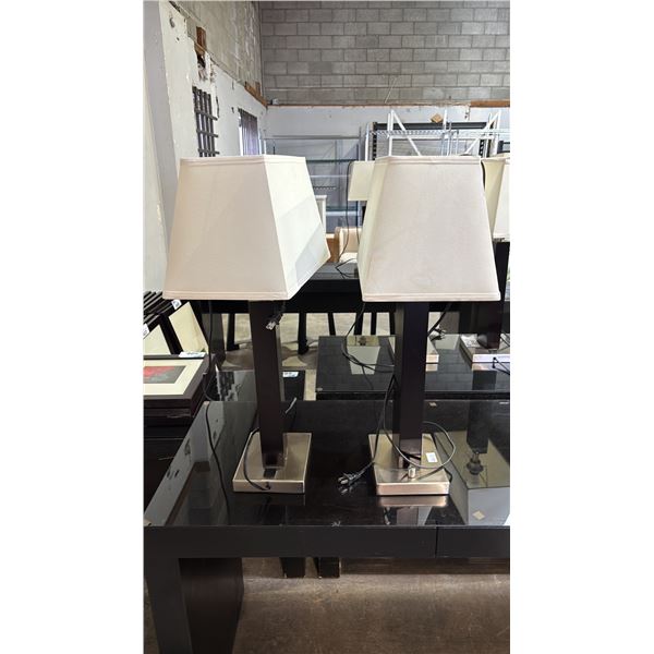 PAIR OF CONTEMPORARY TABLE LAMPS WITH SHADES & POWER OUTLETS IN THE BASE
