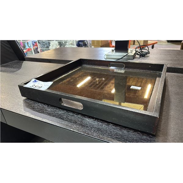 HANDLED WOOD TRAY WITH MIRRORED BASE: 18.75"W X 16.75"D X 2.5"T