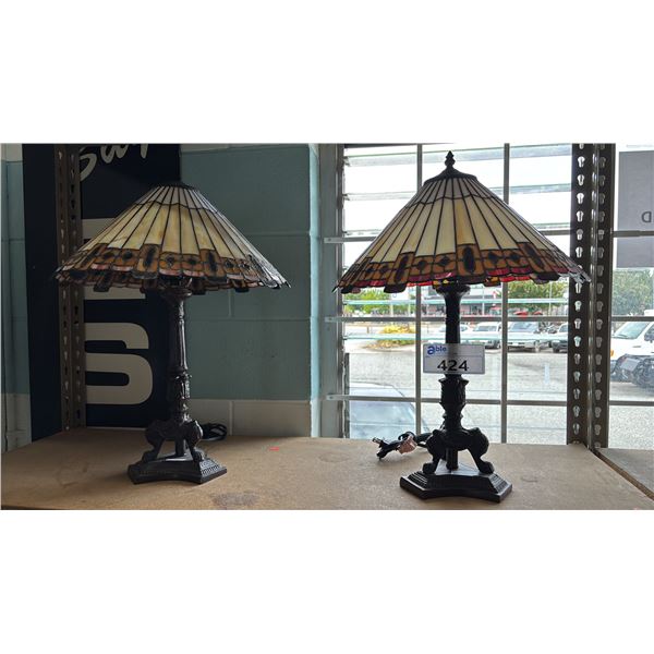 PAIR OF BRONZE FINISH INTRICATE TABLE LAMPS WITH TIFFANY-STYLE STAINED GLASS SHADES *1 IS MISSING
