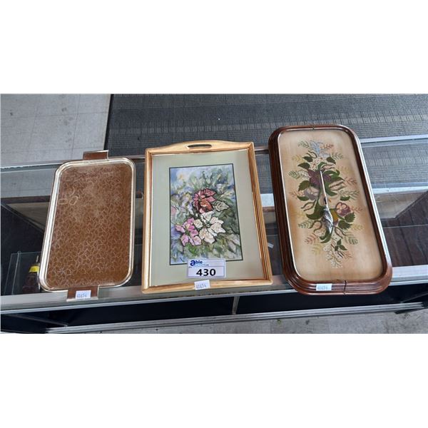 (3) DECORATIVE TRAYS & A METAL LETTER OPENER
