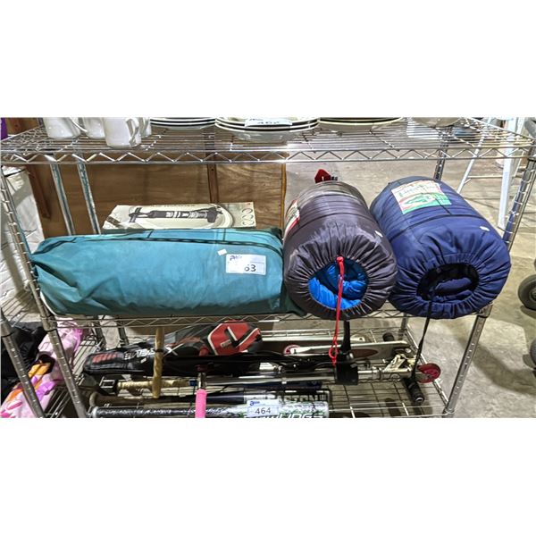 SHELF OF OUTDOORS GEAR INCLUDING; TENT, SLEEPING BAGS & FOOT PUMP