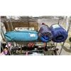 Image 1 : SHELF OF OUTDOORS GEAR INCLUDING; TENT, SLEEPING BAGS & FOOT PUMP