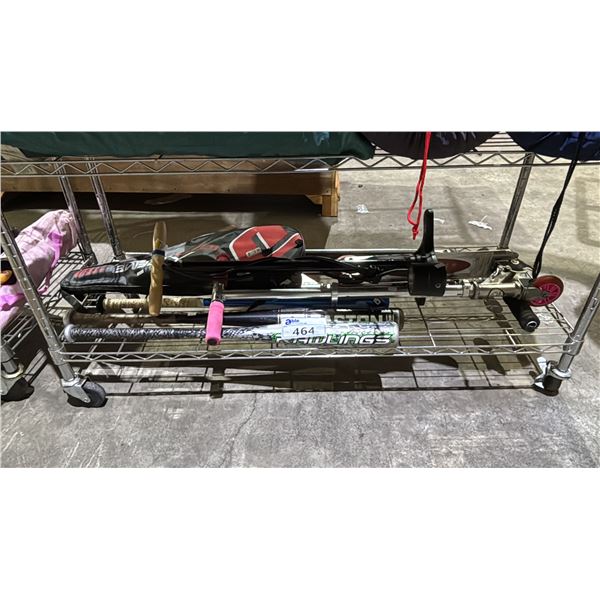 SHELF OF ASSORTED ITEMS INCLUDING; KIDS ALUMINUM BASEBALL BATS, RAZER SCOOTERS, BIKE PUMP & MORE