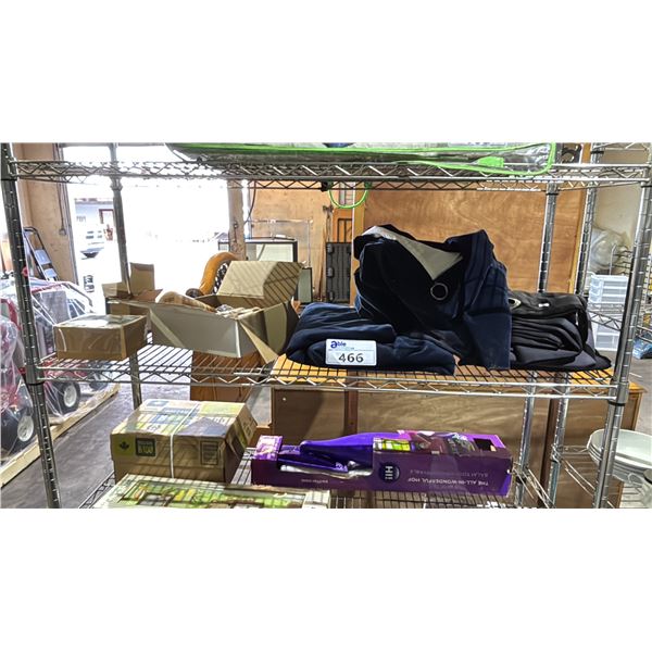 SHELF OF ASSORTED CURTAINS & CANDLES