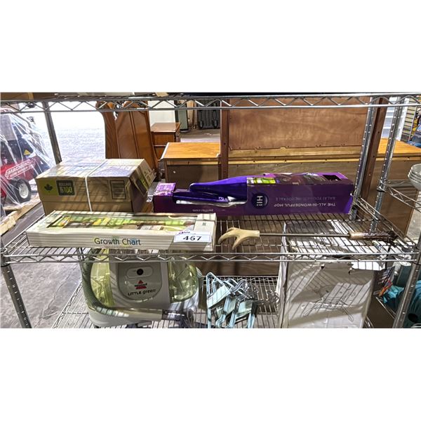 SHELF OF ASSORTED ITEMS INCLUDING; SWIFFER WET JET MOP, DEER ANTLER BACK SCRATCHER, PAPAGAYO GROWTH