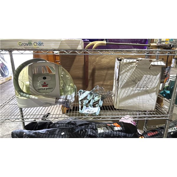 SHELF OF ASSORTED ITEMS INCLUDING; BISSELL LITTLE GREEN UPHOLSTERY & CARPET CLEANER, CLOTHES HANGERS