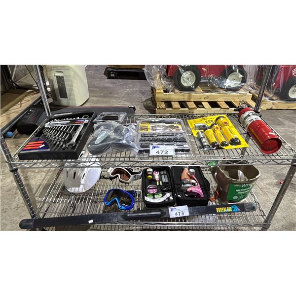 SHELF OF ASSORTED ITEMS INCLUDING; STANLEY FLASHLIGHT SET, STANLEY PROFESSIONAL GRADE 19PC SOCKET