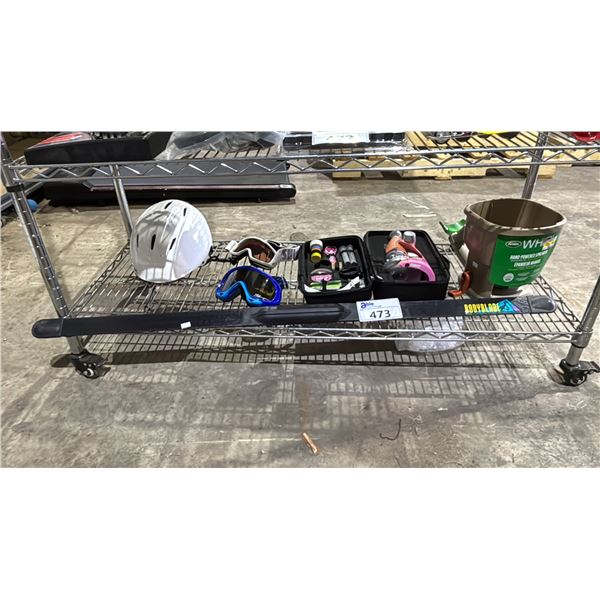 SHELF OF ASSORTED ITEMS INCLUDING; BODYBLADE, EDU SCIENCE MICROSCOPE, HAND POWERED SPREADER
