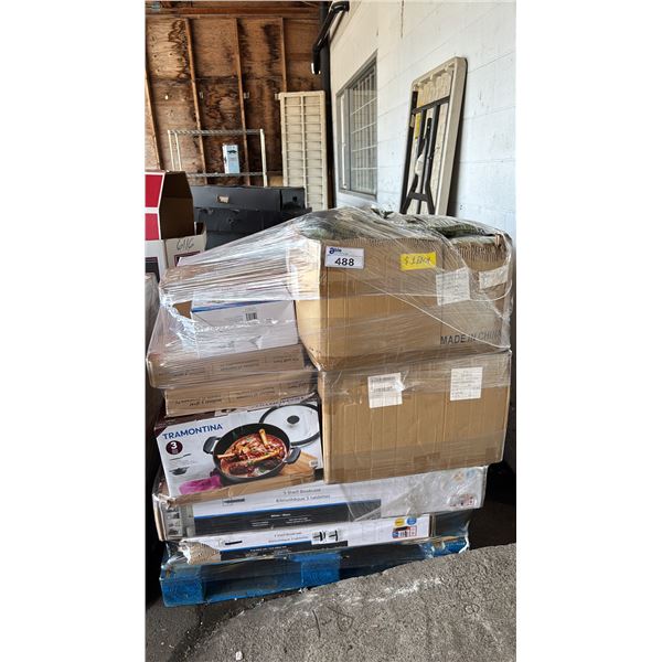PALLET OF ASSORTED ITEMS INCLUDING; TRAMONTINA 3-PC COOKWARE SET, WATERPIK WATERFLOSSER, KOHLER