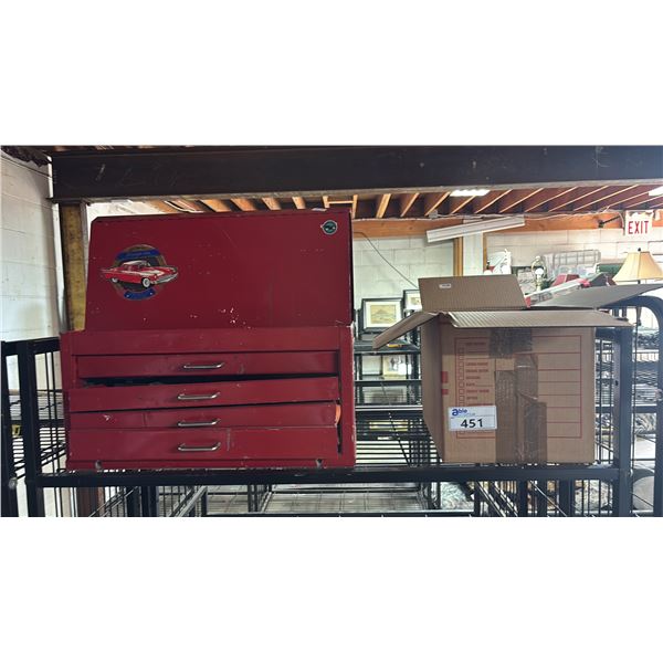RED METAL TOOL CHEST & CONTENTS & BOX OF ASSTD. LIGHT BULBS