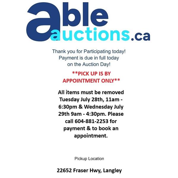*Pick up is by appointment only. Tue July 28th 11am - 6:30pm & Wed July 29th 9am - 4:30 pm*