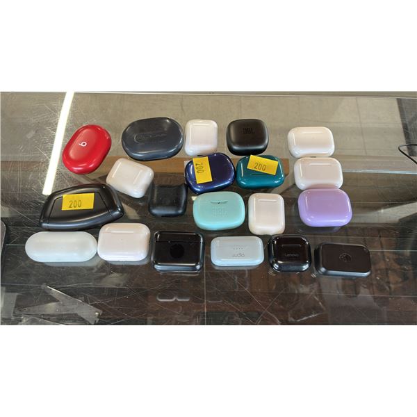 ASSORTED EARBUD CHARGING CASES: MOST ARE EMPTY, SOME HAVE 1 OR 2 EARBUDS *WORKING CONDITION UNKNOWN*