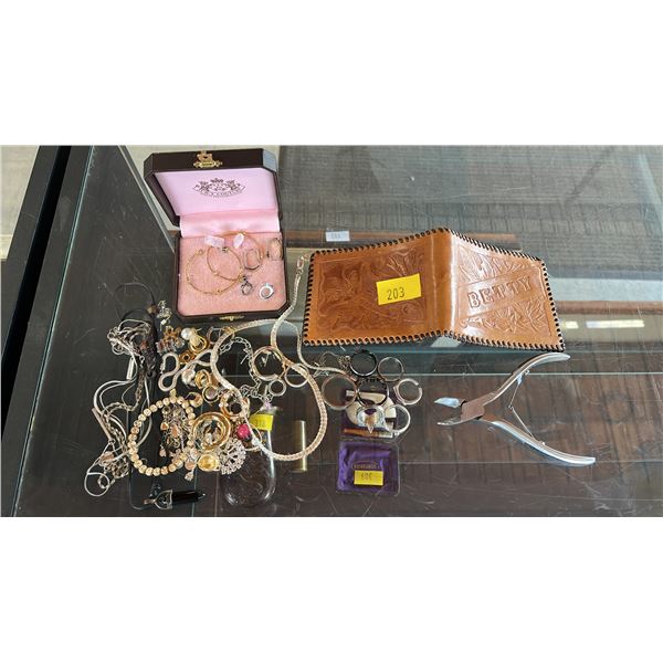 ASSORTED FASHION JEWELRY, VTG. TOOLED LEATHER WALLET & CUTICLE TRIMMERS *MANY SINGLE EARRINGS &