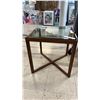 Image 1 : MID CENTURY WOOD & GLASS TOP SIDE TABLE: APPROX. 17.5"W X 17.5"D X 18"T