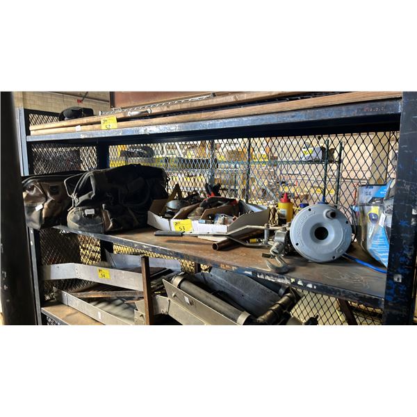 SHELF OF ASSORTED TOOLS: RIDGID DRAIN SNAKE, TOOL BAGS & CONTENTS, WINCH, HOLE SAW CUTTERS & MORE