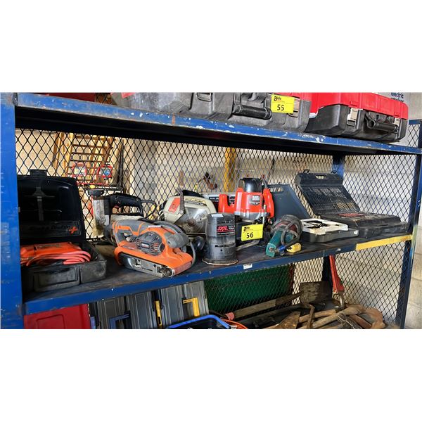 SHELF OF ASSTD. CORDED TOOLS: SANDERS, JIGSAW, CIRCULAR SAW, PLUNGE ROUTER, DRILL BITS & MORE