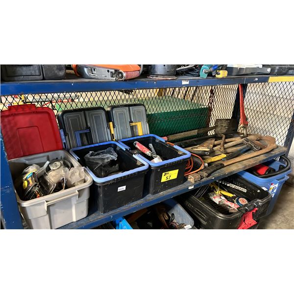 SHELF OF ASSORTED AXES, ADZE, HAND SAW , (3) BINS OF ASSTD TROWELS & FASTENERS & MORE