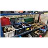 Image 1 : SHELF OF ASSORTED AXES, ADZE, HAND SAW , (3) BINS OF ASSTD TROWELS & FASTENERS & MORE