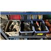 Image 2 : SHELF OF ASSORTED AXES, ADZE, HAND SAW , (3) BINS OF ASSTD TROWELS & FASTENERS & MORE