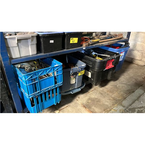 (4) LARGE TOTES & CONTENTS: AIR PUMP, PAINT SUPPLIES, SOCKET SET, FASTENERS & MORE