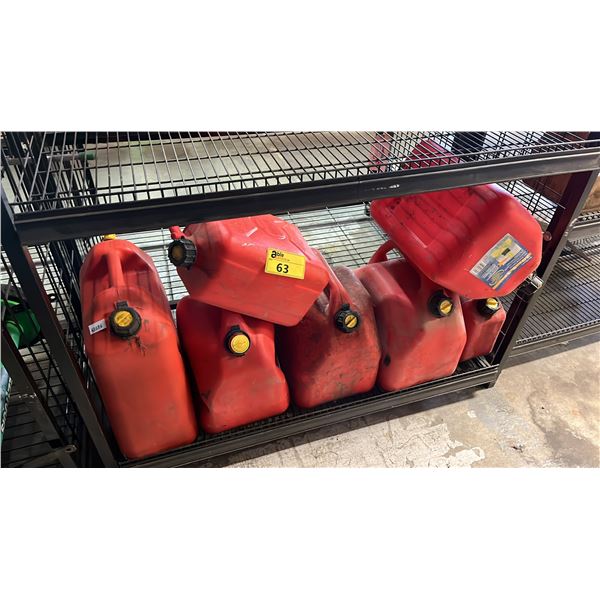 SHELF OF ASSORTED PLASTIC JERRY CANS