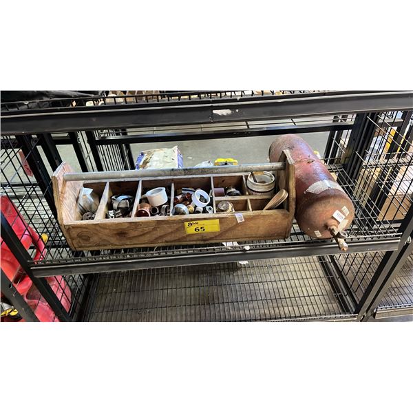 ACETYLENE TANK & WOOD TOOL BOX OF ASSORTED PIPE FITTINGS
