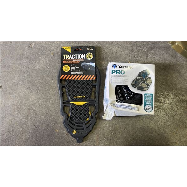 BOX OF ASSORTED *NEW* ICEGRIPS OVERSHOES, GOODYEAR TRACTION CLEATS & MORE