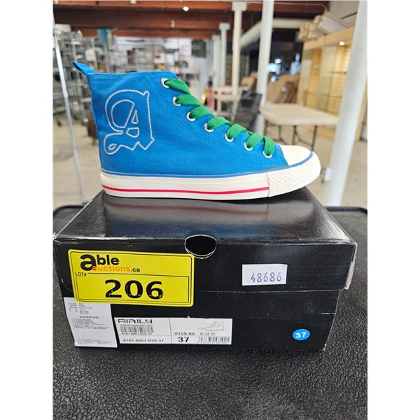 *NEW IN BOX* PAIR OF AIRILY SIZE 37 BLUE HIGH TOP SNEAKERS WITH GREEN LACES