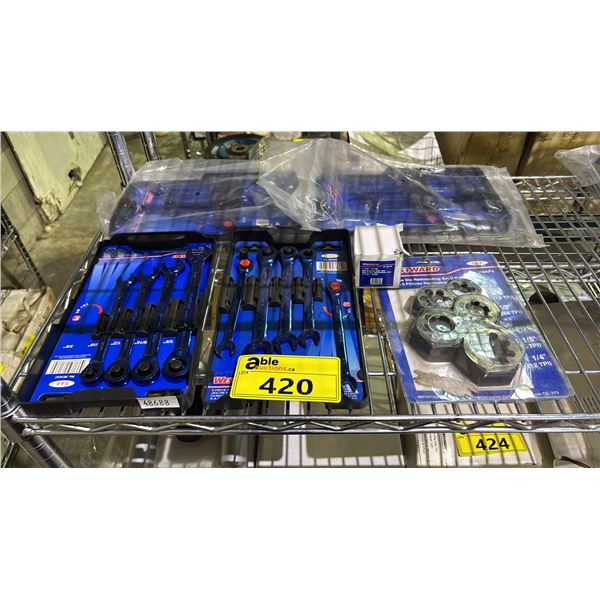 (4) *NEW* WESTWARD 5 PCS SAE RATCHETING WRENCH SETS, WESTWARD HEX DIE RETHREADING SET & MORE