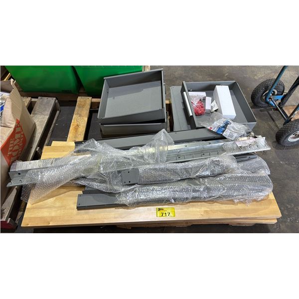 PALLET OF METAL DRAWERS, STRIP DOOR HARDWARE, WOOD SHELVES & MORE *MUST TAKE ALL*