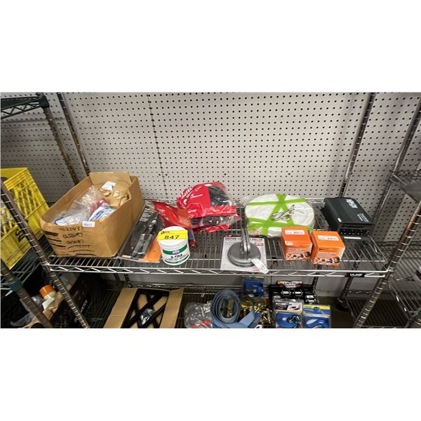 SHELF OF ASSORTED ITEMS INCLUDING GW GEAR WRENCH, PT SUCTION CUP DENT PULLER, TIPP.LITE ULTRA