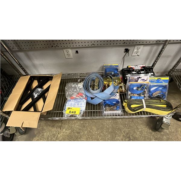 SHELF OF ASSORTED RATCHET STRAPS AND MORE